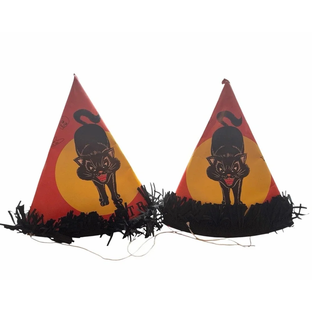 Vintage Halloween Black Cat Owl Skull Ghost Bat Paper Cardboard Party Hats